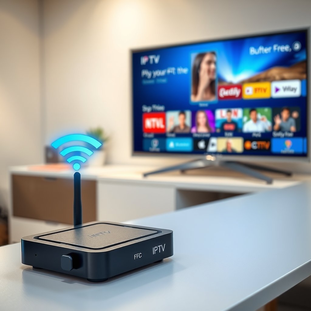Un boîtier IPTV moderne connecté en Wi-Fi, symbolisant un streaming fluide et de haute qualité.