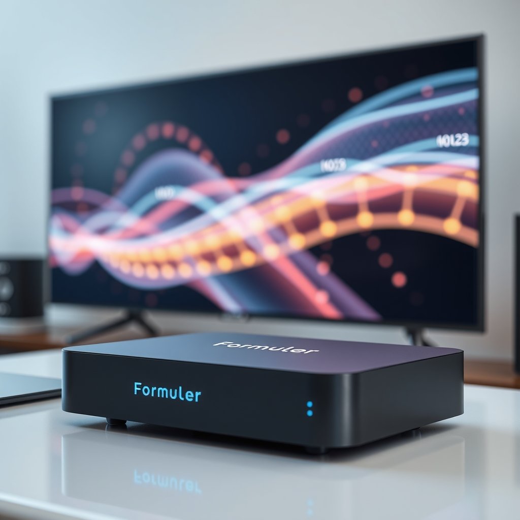 Boîtier Formuler IPTV moderne et élégant, connecté à une télévision affichant un flux de données abstrait, symbolisant une expérience IPTV premium et technologique.