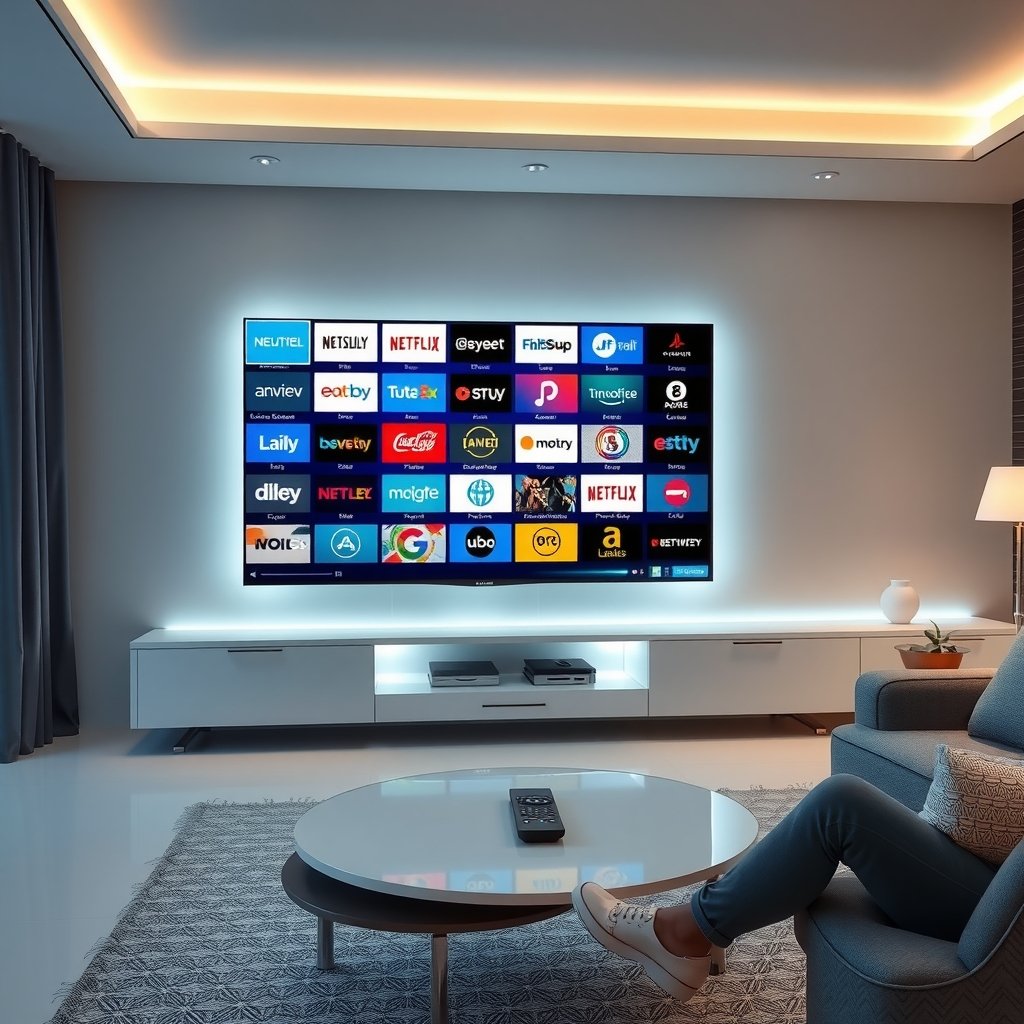 Illustration d'un salon moderne avec une télévision affichant une grille de chaînes et de contenu VOD, symbolisant les services IPTV.