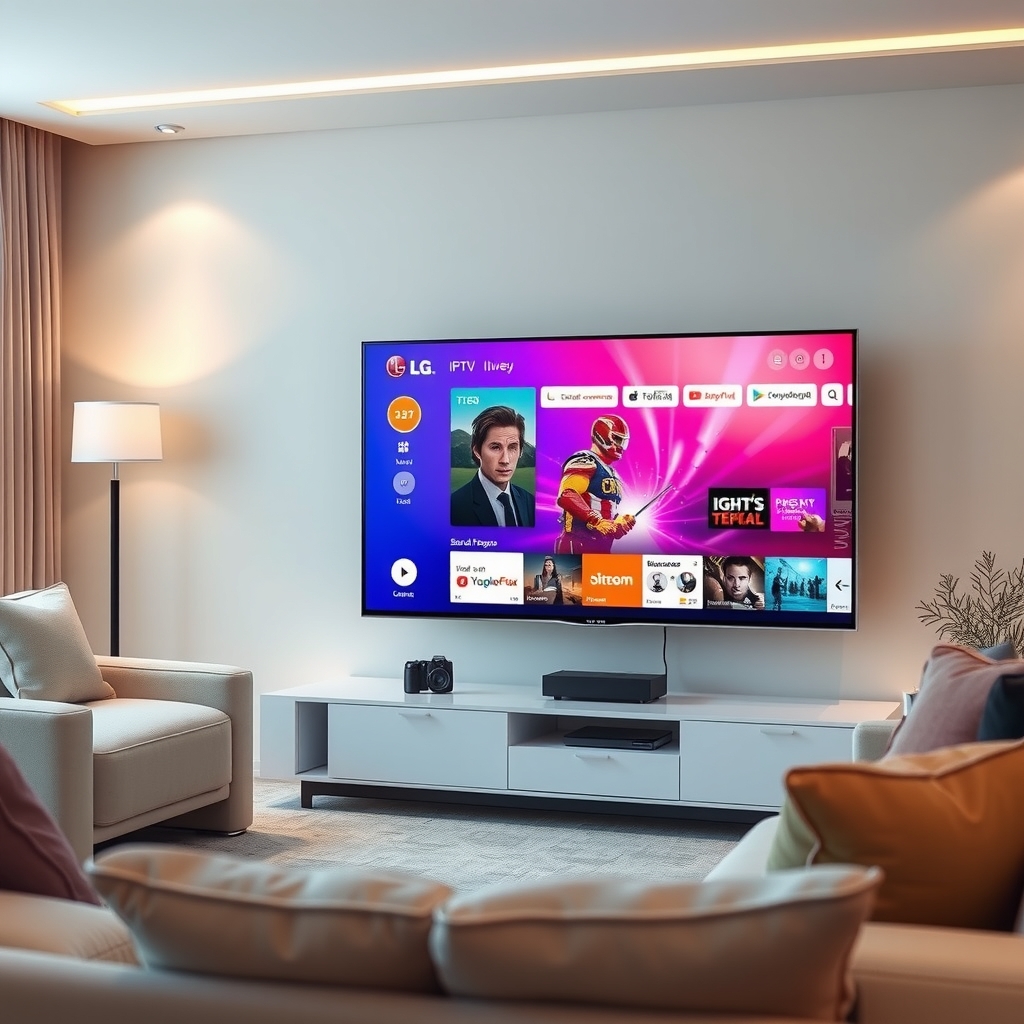 Une télévision LG moderne affichant une interface d'applications de streaming, installée dans un salon élégant, symbolisant l'optimisation pour l'IPTV.