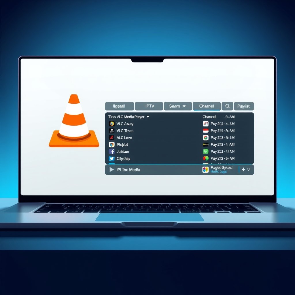 Illustration d'un ordinateur affichant le lecteur VLC avec une liste de chaînes, symbolisant le streaming IPTV en 2026.