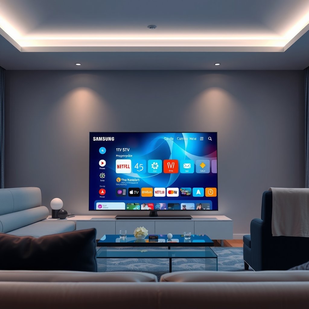 Interface d'une application IPTV moderne et conviviale sur un téléviseur Samsung, illustrant le contenu de l'article.