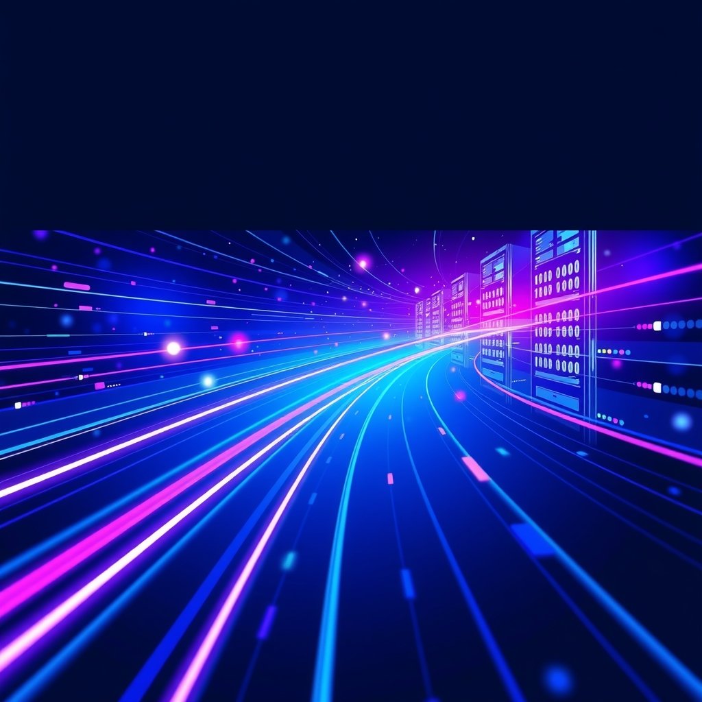 Illustration abstraite représentant un flux de données rapide et fluide, symbolisant un streaming IPTV optimisé et sans interruption grâce à un serveur DNS performant.